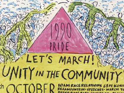 Archival photograph of LGBTQ+ activists marching through Braamfontein, Johannesburg, during South Africa’s first Pride parade in October 1990, carrying banners and placards calling for equality and gay rights.