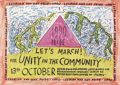Archival photograph of LGBTQ+ activists marching through Braamfontein, Johannesburg, during South Africa’s first Pride parade in October 1990, carrying banners and placards calling for equality and gay rights.