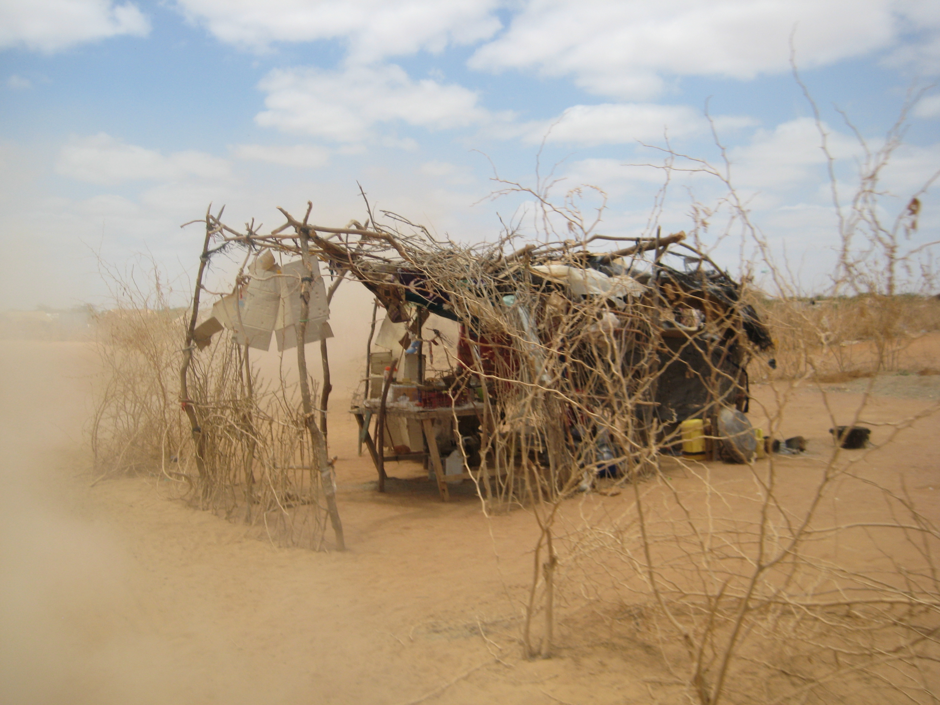 A small open-sided shop built from branches and thorny acacia, with plastic sheeting and cardboard across its roof. Goods are laid out on a wooden table inside, yellow jerrycans sit beside it, and dust blows across the flat, sandy ground under a partly cloudy sky.