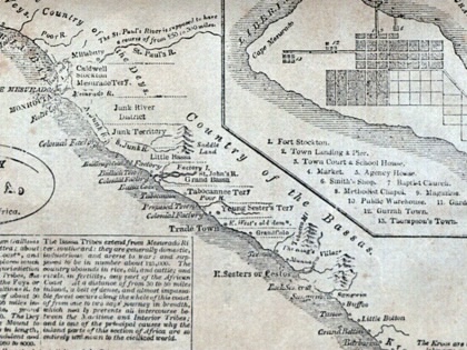 An 1836 engraved map of the Colony of Liberia on the West African coast, showing settlements, rivers, and territorial boundaries, alongside an inset street plan of Monrovia.