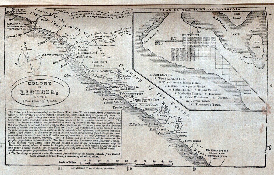 An 1836 engraved map of the Colony of Liberia on the West African coast, showing settlements, rivers, and territorial boundaries, alongside an inset street plan of Monrovia.