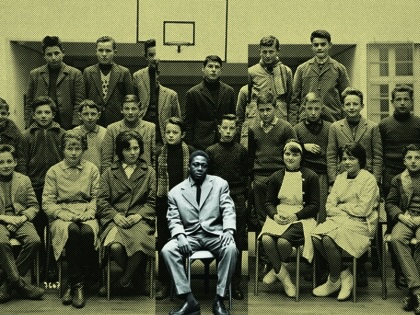 A young Black man in a suit sits alone on a chair in the foreground of a faded, sepia-toned class or group photograph. The larger group behind him—men, women, and children posed outside a building with a basketball hoop—is rendered in a halftone, archival style, while the seated figure appears sharper and more contemporary. The collage-like image is framed with rough paper edges and taped corners, creating the feel of a pasted historical document.