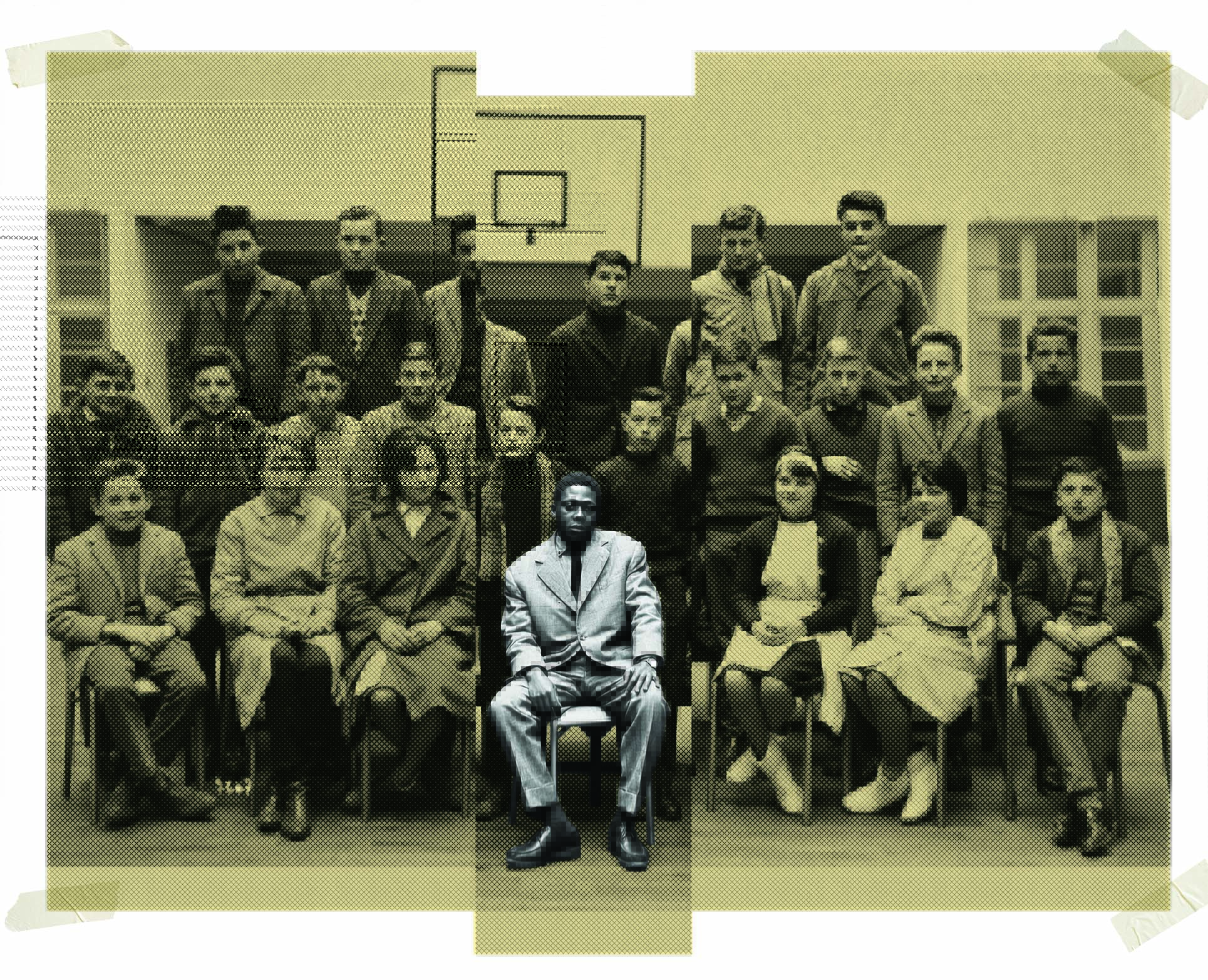 A young Black man in a suit sits alone on a chair in the foreground of a faded, sepia-toned class or group photograph. The larger group behind him—men, women, and children posed outside a building with a basketball hoop—is rendered in a halftone, archival style, while the seated figure appears sharper and more contemporary. The collage-like image is framed with rough paper edges and taped corners, creating the feel of a pasted historical document.