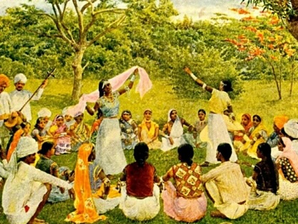 Illustration of East Indian immigrants gathered outdoors on a cacao estate in Trinidad, with musicians, dancers, and seated families beneath trees in a rural landscape.