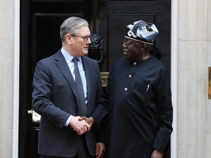 Former UK Prime Minister Keir Starmer shakes hands with Nigerian President Bola Tinubu outside the front door of 10 Downing Street during Tinubu’s state visit to London.