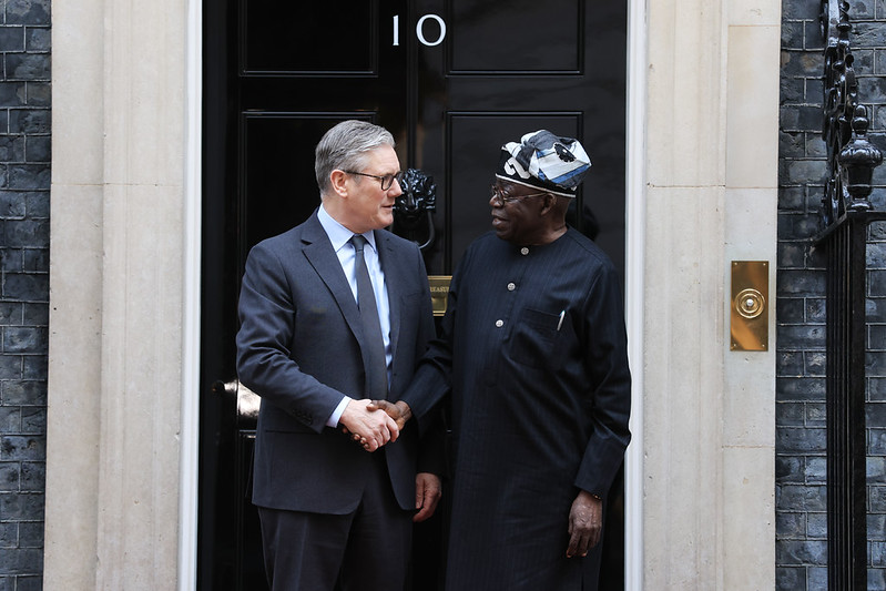Former UK Prime Minister Keir Starmer shakes hands with Nigerian President Bola Tinubu outside the front door of 10 Downing Street during Tinubu’s state visit to London.