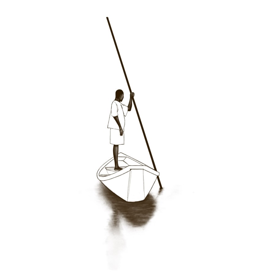 Minimalist illustration of a lone figure standing in a small boat, using a long pole to propel it across still water against an otherwise empty white background.
