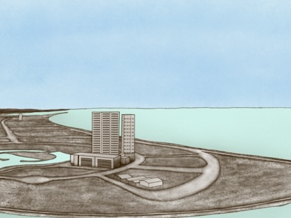 Illustration of Eko Atlantic City as a reclaimed peninsula extending into the Atlantic, with a cluster of high-rise buildings connected by broad roads and surrounded by open water.
