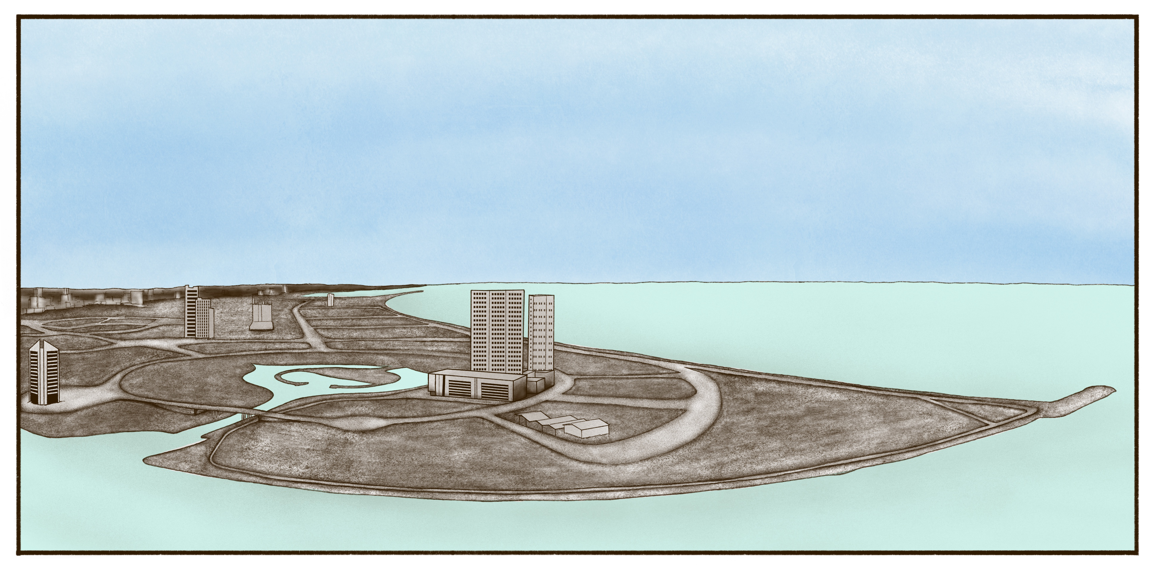 Illustration of Eko Atlantic City as a reclaimed peninsula extending into the Atlantic, with a cluster of high-rise buildings connected by broad roads and surrounded by open water.